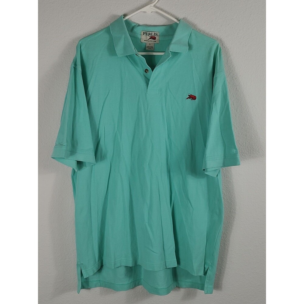 Perlis Mens Polo Shirt L Green Crawfish Peruvian Cotton Mardi Gras NOLA Casual